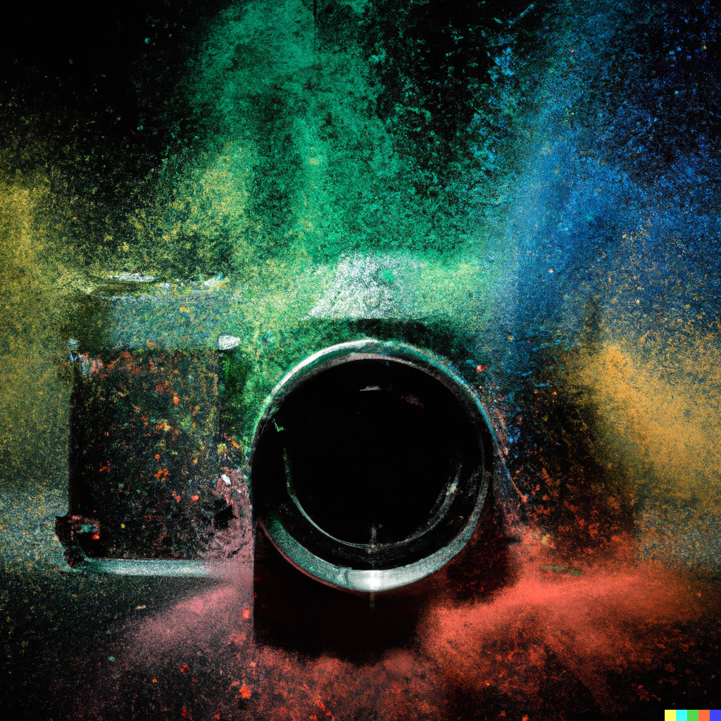 A rangefinder camera in the middle of a colourful powder explosion in front of a black background