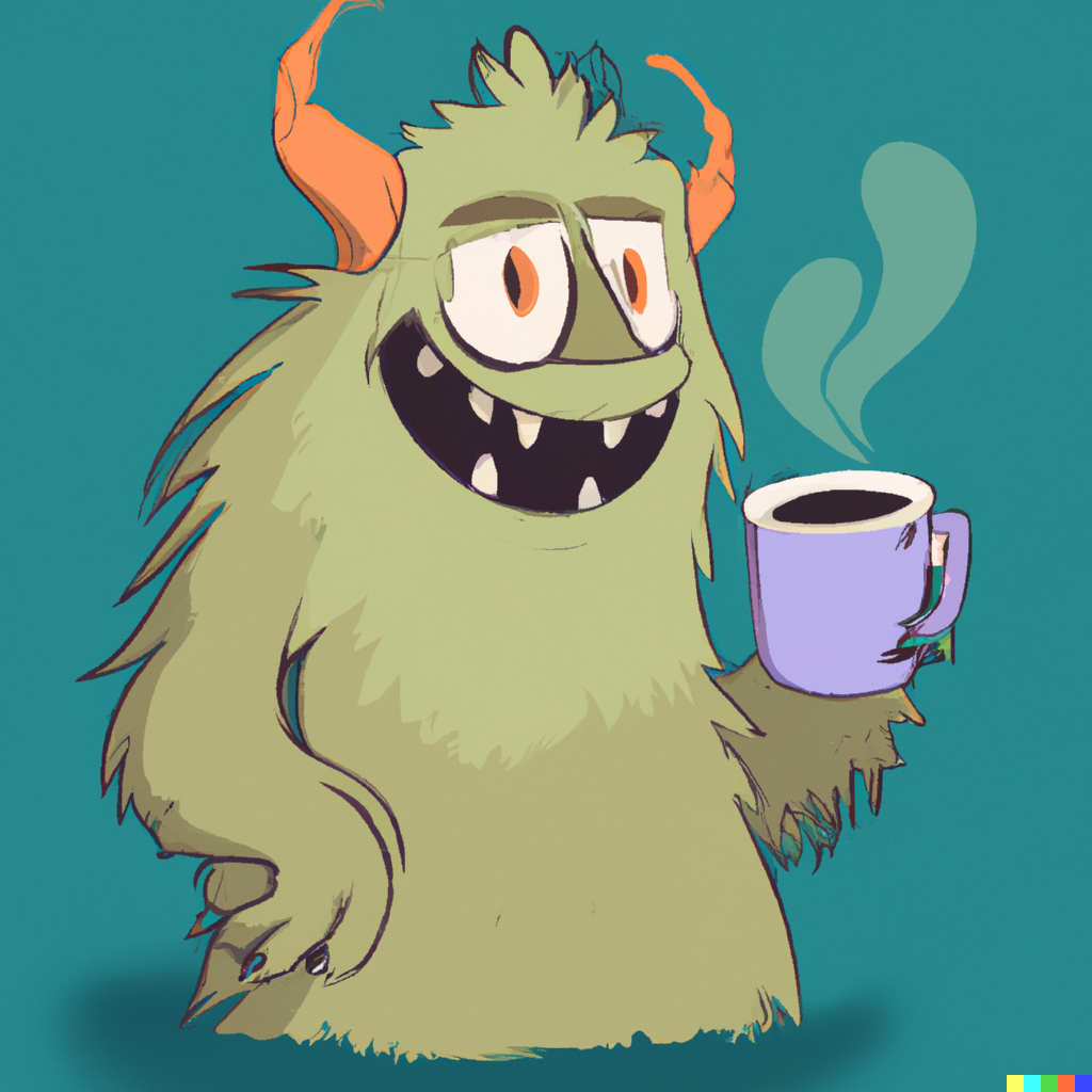 A green furry smiling monster drinking coffee.