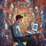 A human sits on a computer, he is surrounded by various Androids who all look at him. Comic style.