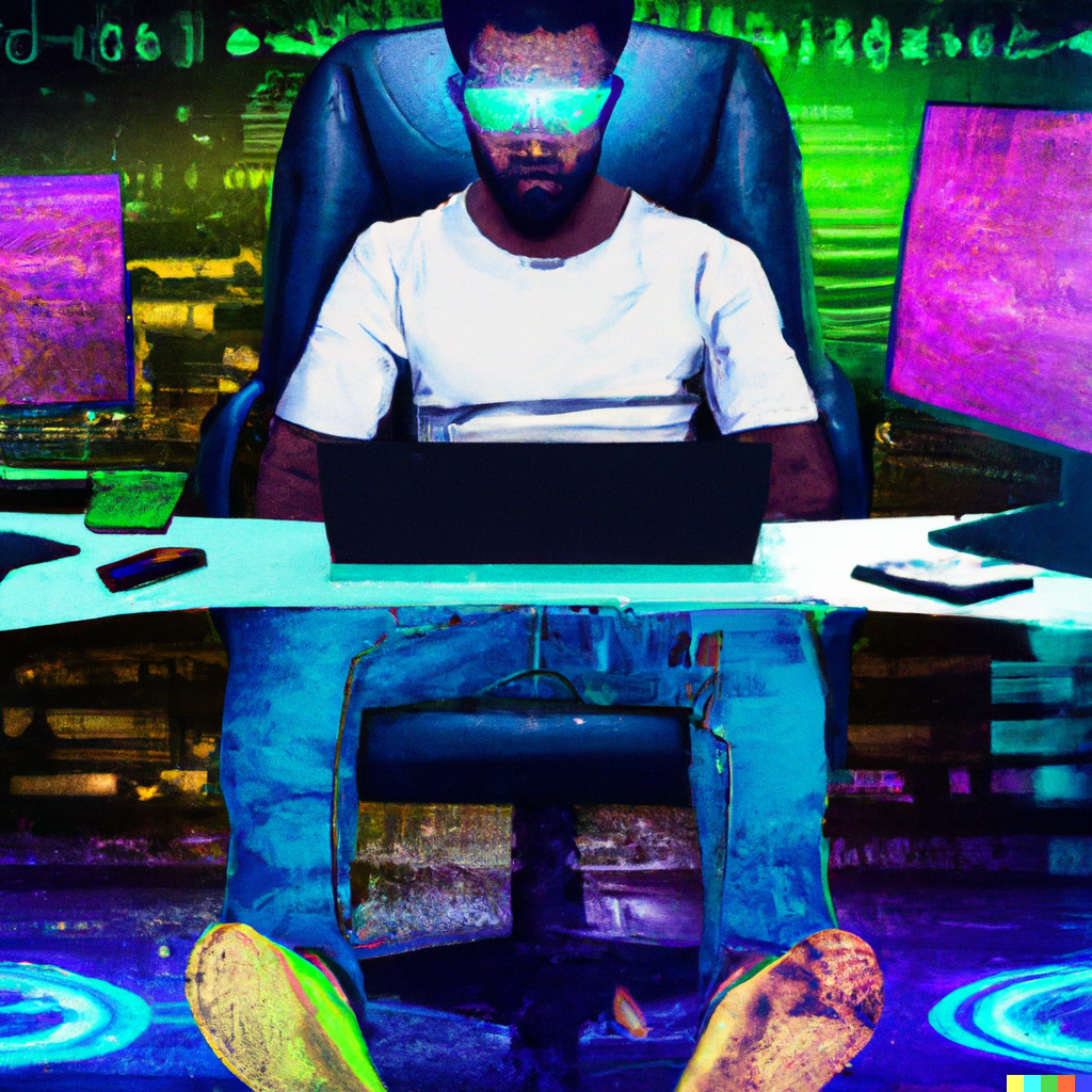 man sitting in front of laptop with glowing glasses on.