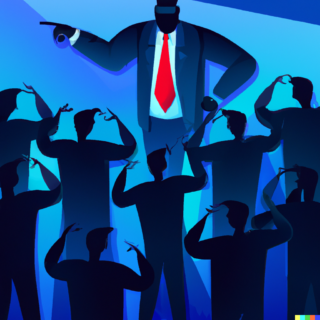 silhouettes of men pointing into various directions, one is bigger and standing in front wearing a red tie. The scene generally is blue. Scene generated by DALLE2 using the prompt "a world where every person is a leader, cinematic, high resolution, high quality, high detail, digital illustration"