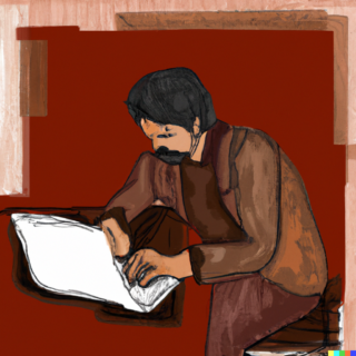 drawing of a writer sitting with a laptop. Background dark red, the writer wears jacket, sweater and pants in shades of brown and the laptop is white
