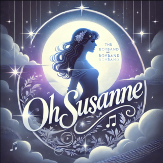 Dreamy pop song cover featuring a glowing silhouette of a young woman under moonlight, surrounded by soft clouds and twinkling stars in hues of blue, purple, and silver. The title 'Oh Susanne' is displayed in elegant, flowing white script, framed by subtle musical notes, evoking a sense of romance and nostalgia.