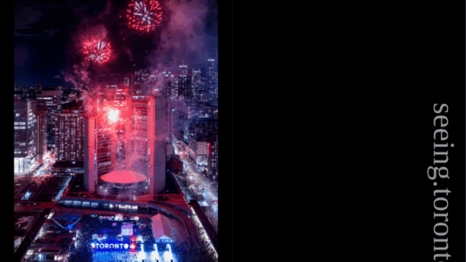 Cover von "seeing.toronto" - schwarz, auf der linken Seite eine Nachtaufnahme von Toronto City Hall mit Toronto Zeichen und darüber Feuerwerk.