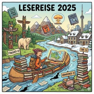 Eine bunte Illustration im Comic-Stil mit der Überschrift „LESEREISE 2025“. Im Zentrum paddelt eine fröhliche Figur mit Mütze und Rucksack in einem Kanu, das aus Büchern besteht, einen Fluss hinab und hält dabei eine leuchtende Landkarte Kanadas. Die Umgebung vereint verschiedene kanadische Motive: Links stehen Totempfähle und ein weißer Geisterbär (Great Bear Rainforest), rechts sieht man historische Steinhäuser (Quebec) und die Skyline von Toronto mit dem CN Tower. Im Hintergrund ragen Berge aus Büchern auf, und eine kleine Atomwolke schwebt in einer Blase. Schilder am Ufer zeigen die Lesestatistik: eine Fahne mit „FINISHED: 61“, ein hoher Stapel ungelesener Bücher mit „TBR: 52“ und ein unordentlicher Haufen abgebrochener Bücher mit „ABANDONED: 10“ und einem „NOPE“-Stempel.