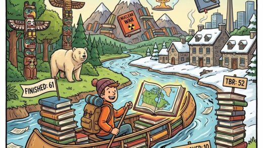 Eine bunte Illustration im Comic-Stil mit der Überschrift „LESEREISE 2025“. Im Zentrum paddelt eine fröhliche Figur mit Mütze und Rucksack in einem Kanu, das aus Büchern besteht, einen Fluss hinab und hält dabei eine leuchtende Landkarte Kanadas. Die Umgebung vereint verschiedene kanadische Motive: Links stehen Totempfähle und ein weißer Geisterbär (Great Bear Rainforest), rechts sieht man historische Steinhäuser (Quebec) und die Skyline von Toronto mit dem CN Tower. Im Hintergrund ragen Berge aus Büchern auf, und eine kleine Atomwolke schwebt in einer Blase. Schilder am Ufer zeigen die Lesestatistik: eine Fahne mit „FINISHED: 61“, ein hoher Stapel ungelesener Bücher mit „TBR: 52“ und ein unordentlicher Haufen abgebrochener Bücher mit „ABANDONED: 10“ und einem „NOPE“-Stempel.